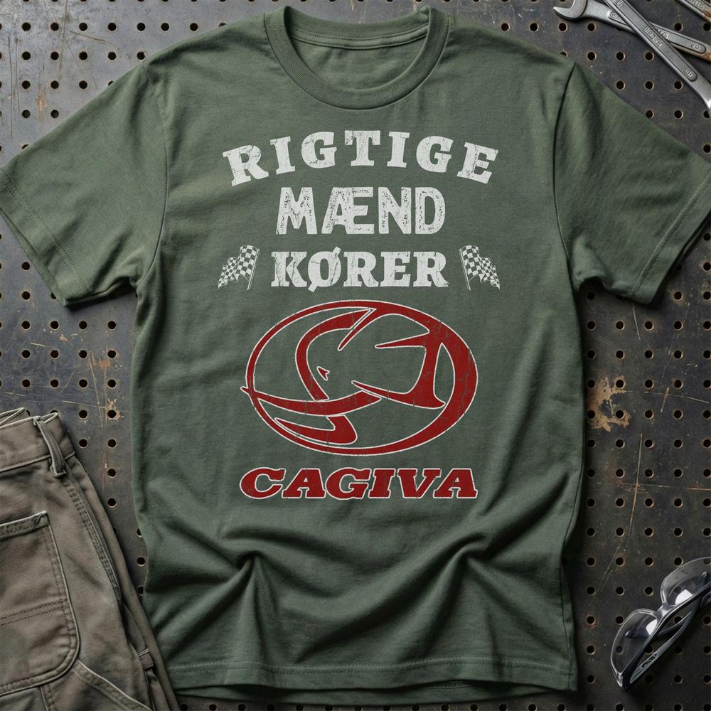 Cagiva Rigtige Mænd Kører - Unisex T-Shirt , Bomuld-Beklædning-Cagiva-Grøn Militær-S-Garage Culture Shop- garage - man cave - merchandise