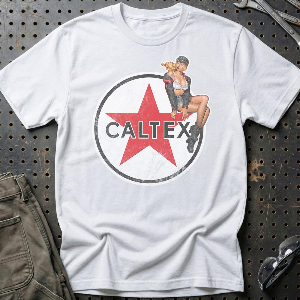 Caltex Pinup - Unisex T-Shirt , Bomuld-Beklædning-Motoroil-Hvid-S-Garage Culture Shop- garage - man cave - merchandise