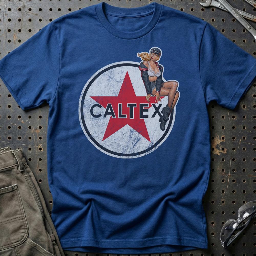 Caltex Pinup - Unisex T-Shirt , Bomuld-Beklædning-Motoroil-Blå Royal-S-Garage Culture Shop- garage - man cave - merchandise