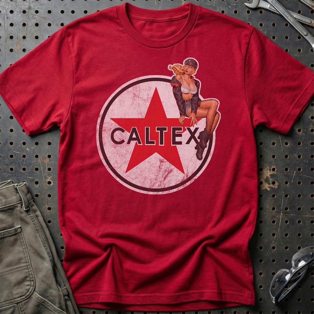 Caltex Pinup - Unisex T-Shirt , Bomuld-Beklædning-Motoroil-Rød-S-Garage Culture Shop- garage - man cave - merchandise