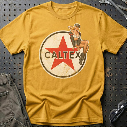 Caltex Pinup - Unisex T-Shirt , Bomuld-Beklædning-Motoroil-Guld-S-Garage Culture Shop- garage - man cave - merchandise