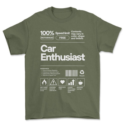 Car Entusiasts Unisex T-Shirt , Bomuld-Beklædning-Garage Culture-Grøn Militær-S-Forside-Garage Culture Shop- garage - man cave - merchandise