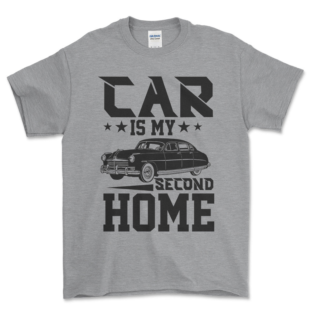 Car Is My Second Home T-Shirt , Bomuld-Beklædning-Garage Culture-Grå Sport-S-Forside-Garage Culture Shop- garage - man cave - merchandise