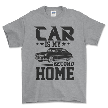 Car Is My Second Home T-Shirt , Bomuld-Beklædning-Garage Culture-Grå Sport-S-Forside-Garage Culture Shop- garage - man cave - merchandise