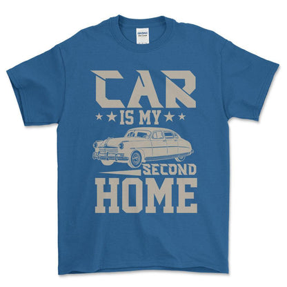 Car Is My Second Home T-Shirt , Bomuld-Beklædning-Garage Culture-Blå Royal-S-Forside-Garage Culture Shop- garage - man cave - merchandise