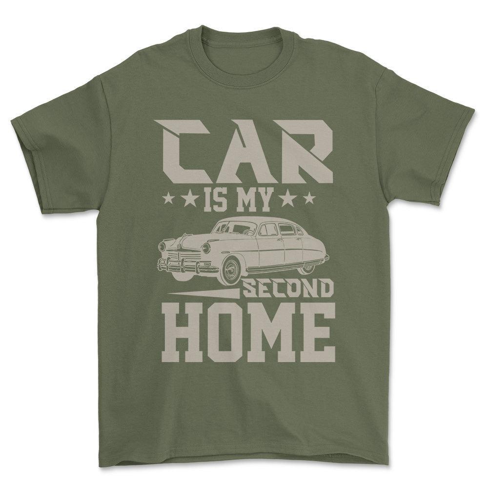 Car Is My Second Home T-Shirt , Bomuld-Beklædning-Garage Culture-Grøn Militær-S-Forside-Garage Culture Shop- garage - man cave - merchandise