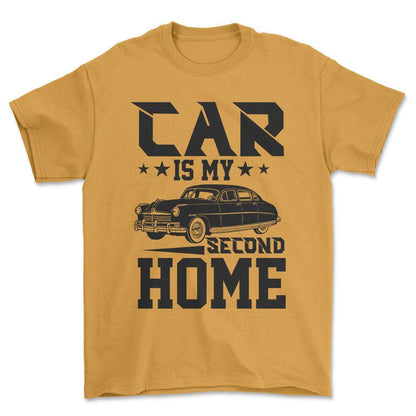 Car Is My Second Home T-Shirt , Bomuld-Beklædning-Garage Culture-Guld-S-Forside-Garage Culture Shop- garage - man cave - merchandise