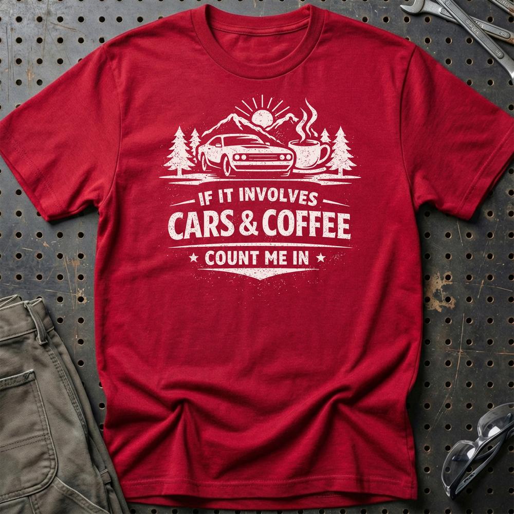 Cars & Coffee - Unisex T-Shirt , Bomuld-Beklædning-Garage Culture-Rød-S-Garage Culture Shop- garage - man cave - merchandise