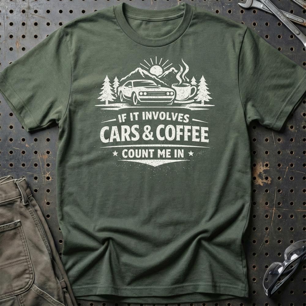 Cars & Coffee - Unisex T-Shirt , Bomuld-Beklædning-Garage Culture-Grøn Militær-S-Garage Culture Shop- garage - man cave - merchandise