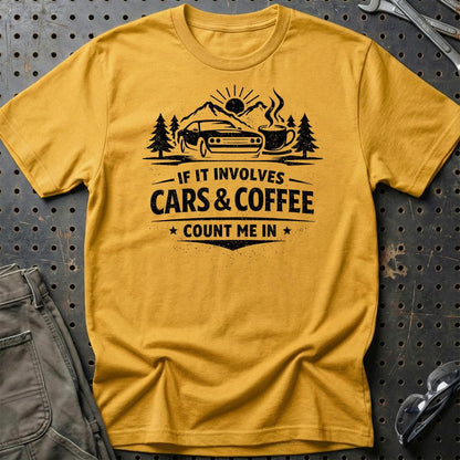 Cars & Coffee - Unisex T-Shirt , Bomuld-Beklædning-Garage Culture-Guld-S-Garage Culture Shop- garage - man cave - merchandise