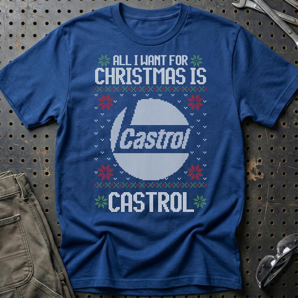 Castrol - All I Want For Christmas - Unisex T-Shirt , Bomuld-Beklædning-Motoroil-Blå Royal-S-Garage Culture Shop- garage - man cave - merchandise