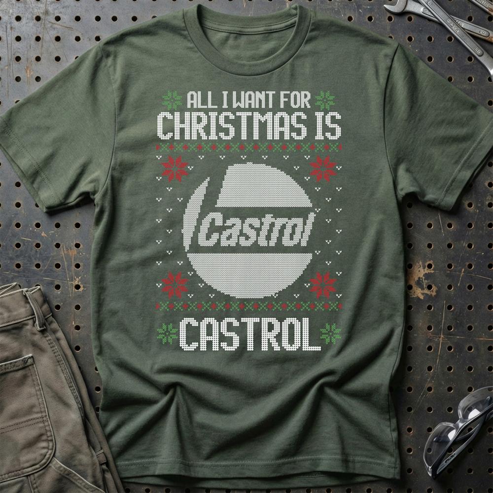 Castrol - All I Want For Christmas - Unisex T-Shirt , Bomuld-Beklædning-Motoroil-Grøn Militær-S-Garage Culture Shop- garage - man cave - merchandise
