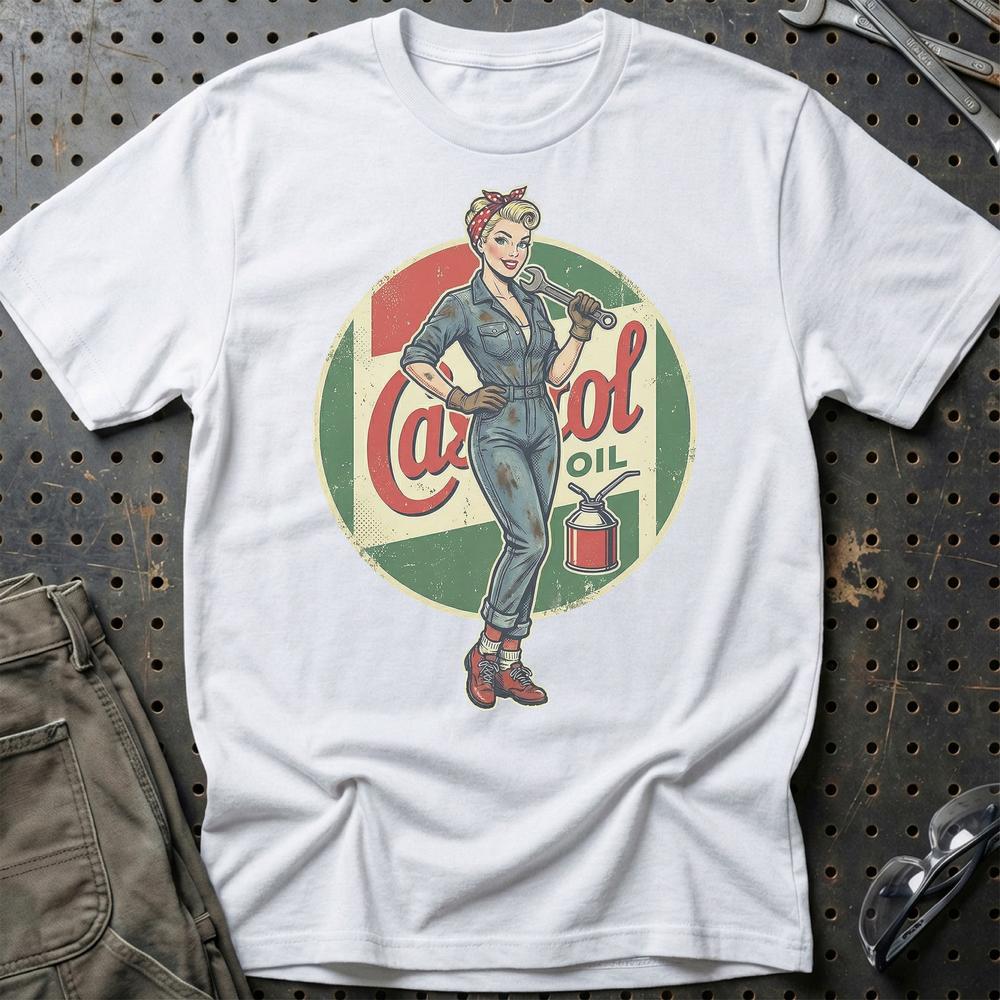 Castrol Pinup T-Shirt-Beklædning-Motoroil-Hvid-S-Garage Culture Shop- garage - man cave - merchandise
