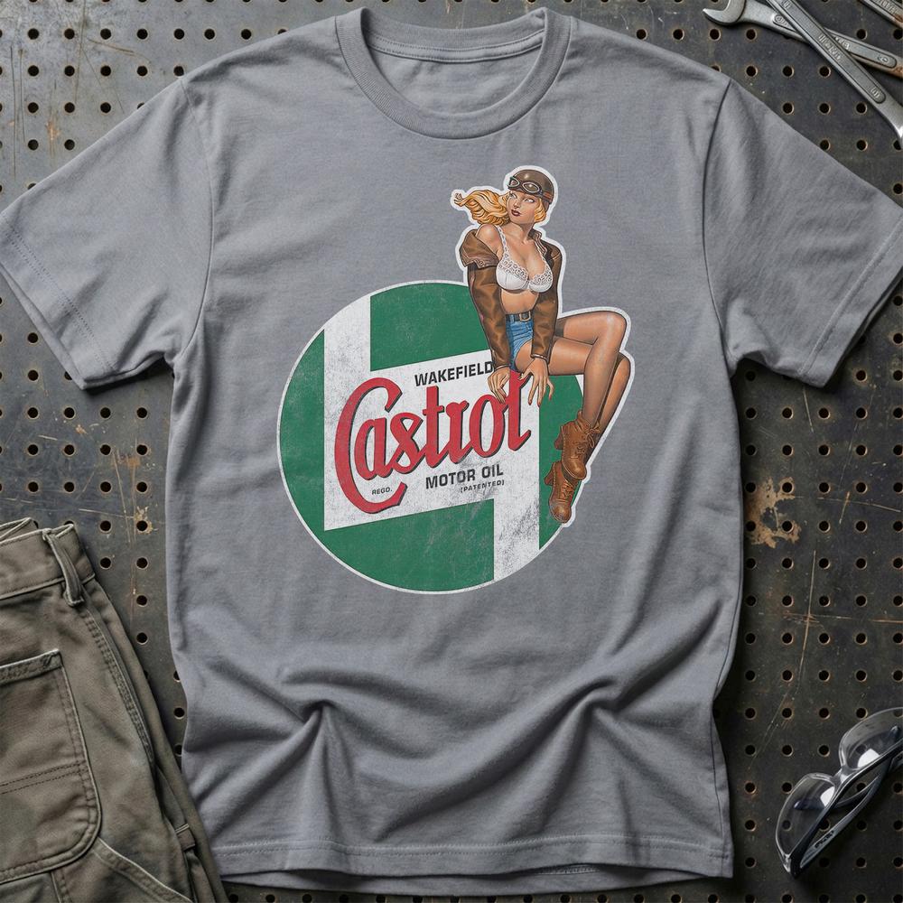 Castrol Pinup T-Shirt-Beklædning-Motoroil-Grå Sport-S-Garage Culture Shop- garage - man cave - merchandise