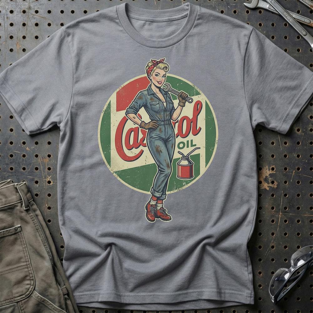 Castrol Pinup T-Shirt-Beklædning-Motoroil-Grå Sport-S-Garage Culture Shop- garage - man cave - merchandise