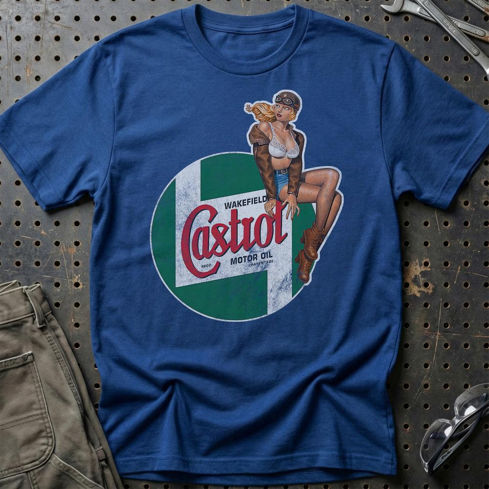 Castrol Pinup T-Shirt-Beklædning-Motoroil-Blå Royal-S-Garage Culture Shop- garage - man cave - merchandise