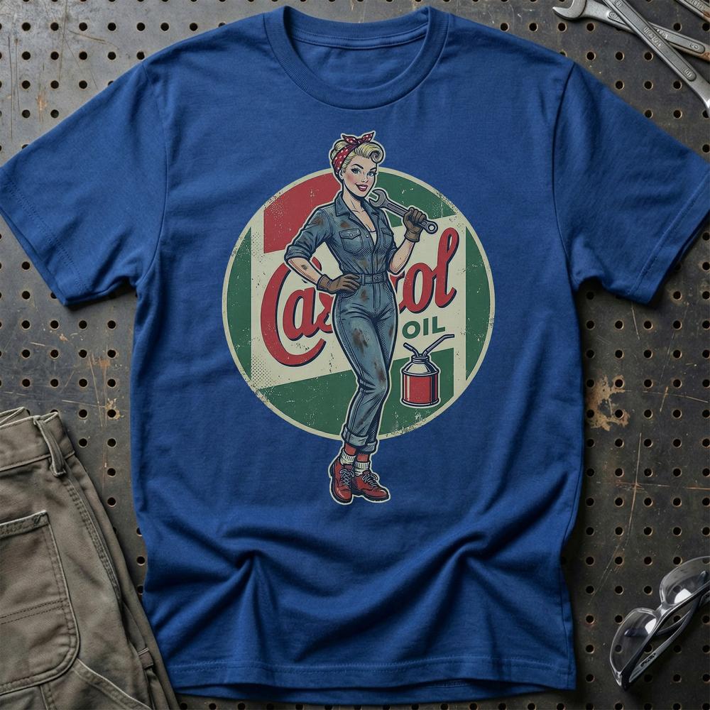 Castrol Pinup T-Shirt-Beklædning-Motoroil-Blå Royal-S-Garage Culture Shop- garage - man cave - merchandise