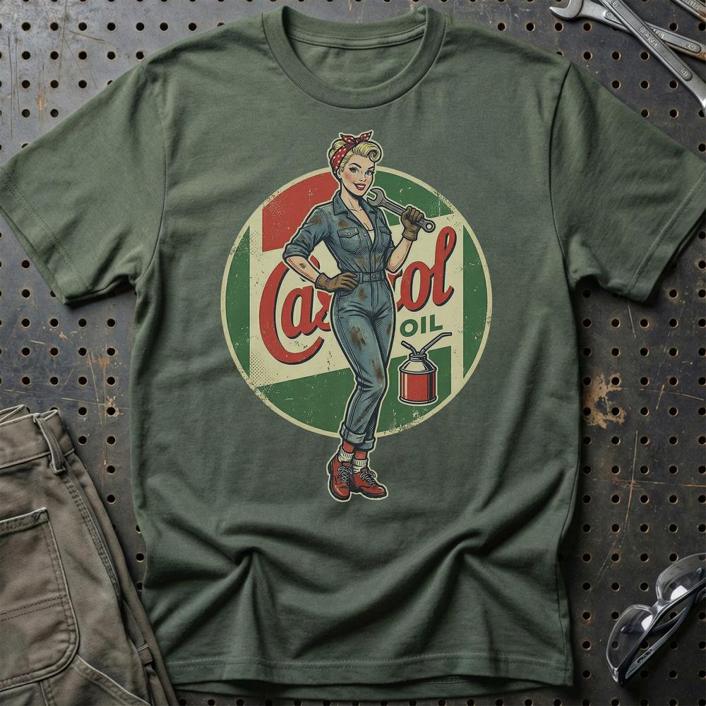 Castrol Pinup T-Shirt-Beklædning-Motoroil-Grøn Militær-S-Garage Culture Shop- garage - man cave - merchandise