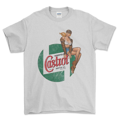 Castrol Pinup - Unisex T-Shirt , Bomuld-Beklædning-Motoroil-Hvid-S-Forside-Garage Culture Shop- garage - man cave - merchandise