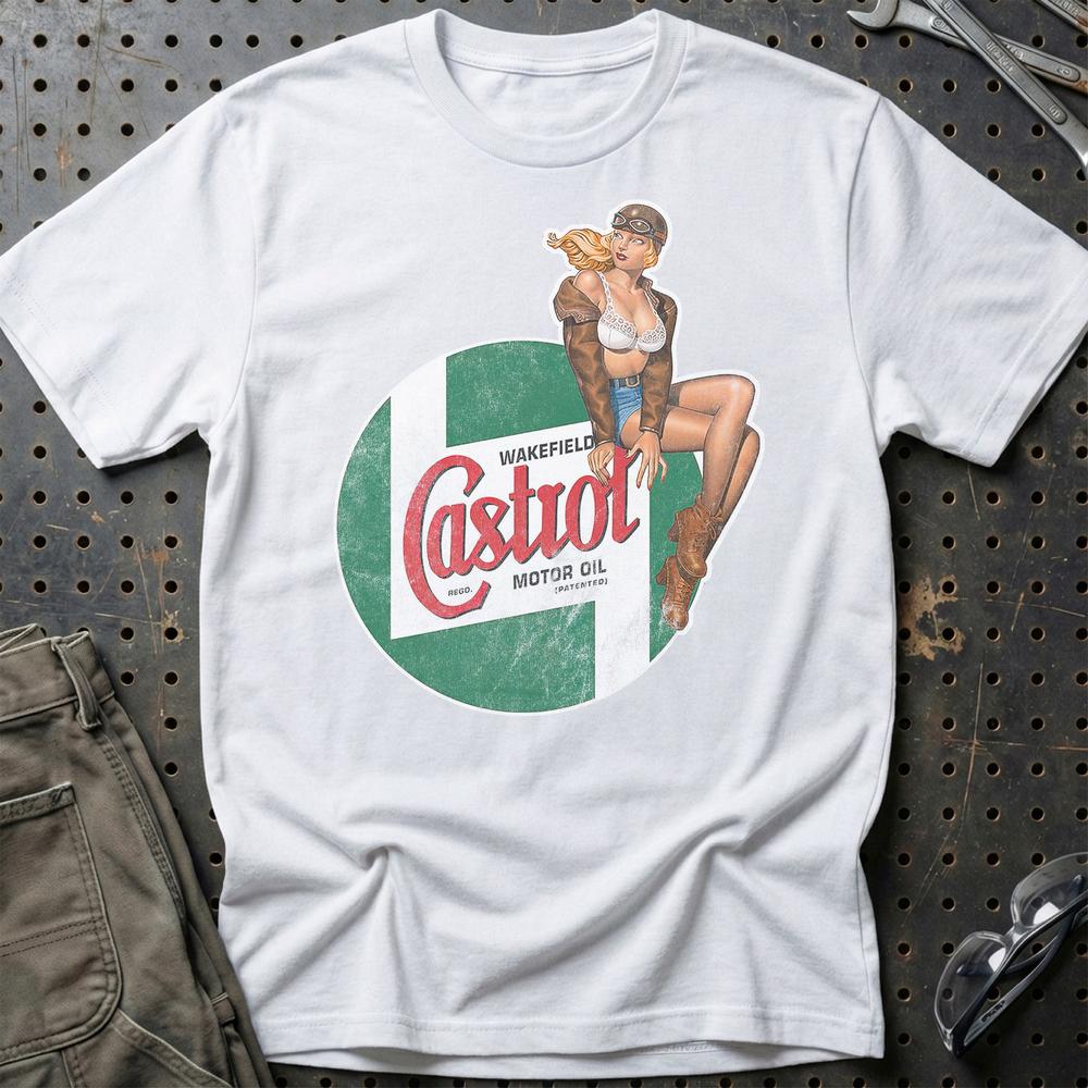Castrol Pinup - Unisex T-Shirt , Bomuld-Beklædning-Motoroil-Hvid-S-Garage Culture Shop- garage - man cave - merchandise
