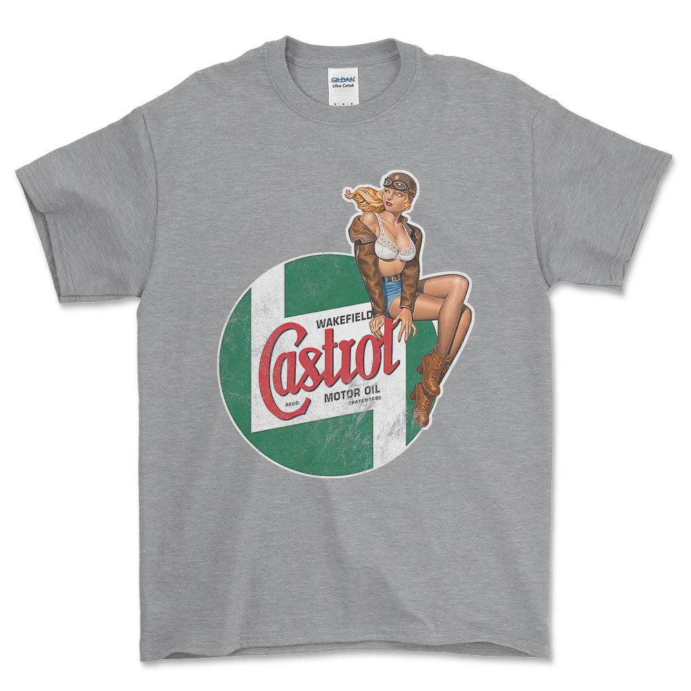 Castrol Pinup - Unisex T-Shirt , Bomuld-Beklædning-Motoroil-Grå Sport-S-Forside-Garage Culture Shop- garage - man cave - merchandise