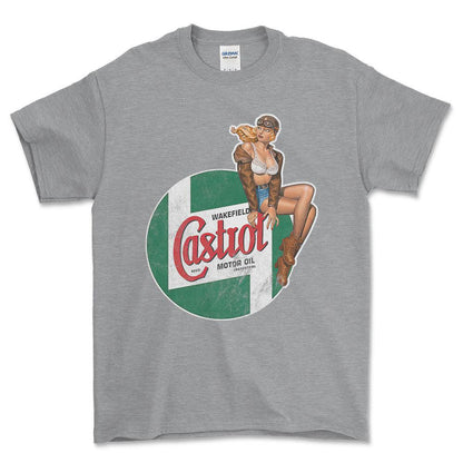 Castrol Pinup - Unisex T-Shirt , Bomuld-Beklædning-Motoroil-Grå Sport-S-Forside-Garage Culture Shop- garage - man cave - merchandise