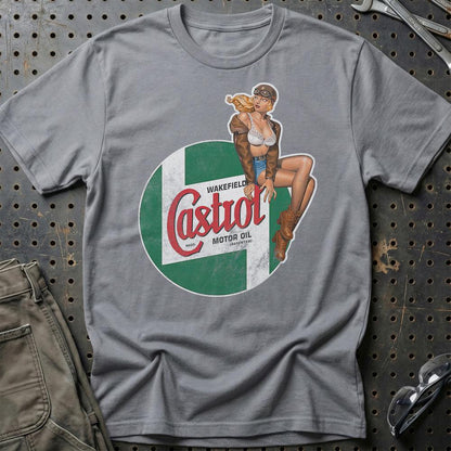 Castrol Pinup - Unisex T-Shirt , Bomuld-Beklædning-Motoroil-Grå Sport-S-Garage Culture Shop- garage - man cave - merchandise