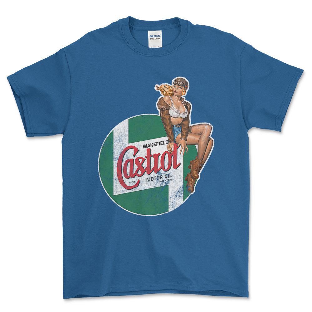 Castrol Pinup - Unisex T-Shirt , Bomuld-Beklædning-Motoroil-Blå Royal-S-Forside-Garage Culture Shop- garage - man cave - merchandise