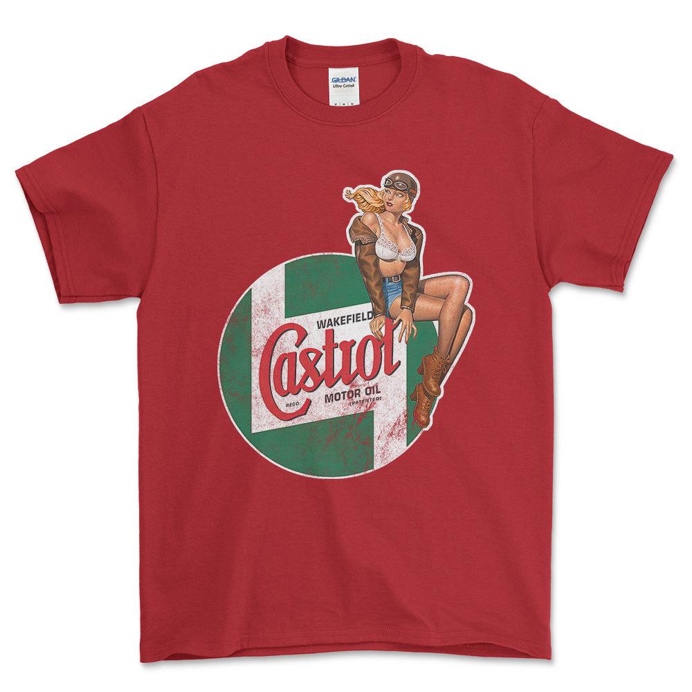 Castrol Pinup - Unisex T-Shirt , Bomuld-Beklædning-Motoroil-Rød-S-Forside-Garage Culture Shop- garage - man cave - merchandise