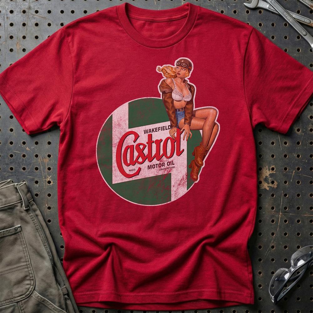 Castrol Pinup - Unisex T-Shirt , Bomuld-Beklædning-Motoroil-Rød-S-Garage Culture Shop- garage - man cave - merchandise