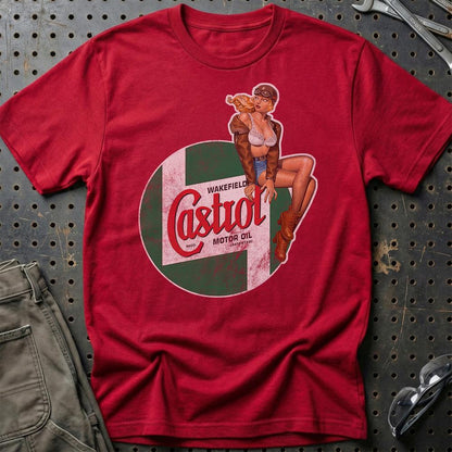 Castrol Pinup - Unisex T-Shirt , Bomuld-Beklædning-Motoroil-Rød-S-Garage Culture Shop- garage - man cave - merchandise