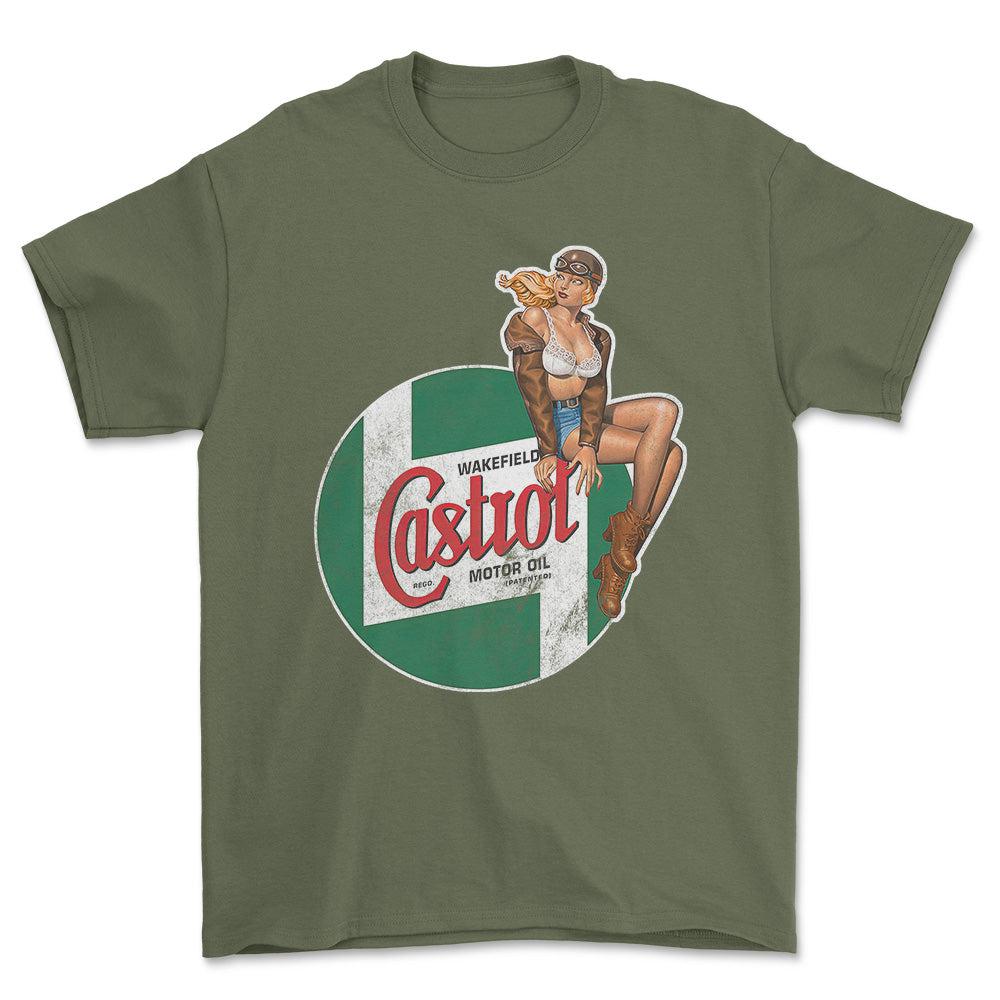 Castrol Pinup - Unisex T-Shirt , Bomuld-Beklædning-Motoroil-Grøn Militær-S-Forside-Garage Culture Shop- garage - man cave - merchandise