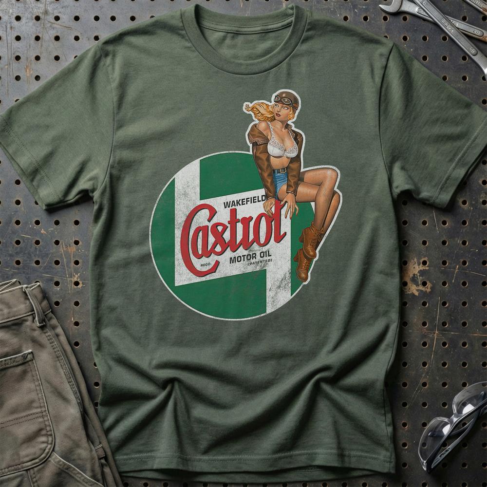 Castrol Pinup - Unisex T-Shirt , Bomuld-Beklædning-Motoroil-Grøn Militær-S-Garage Culture Shop- garage - man cave - merchandise