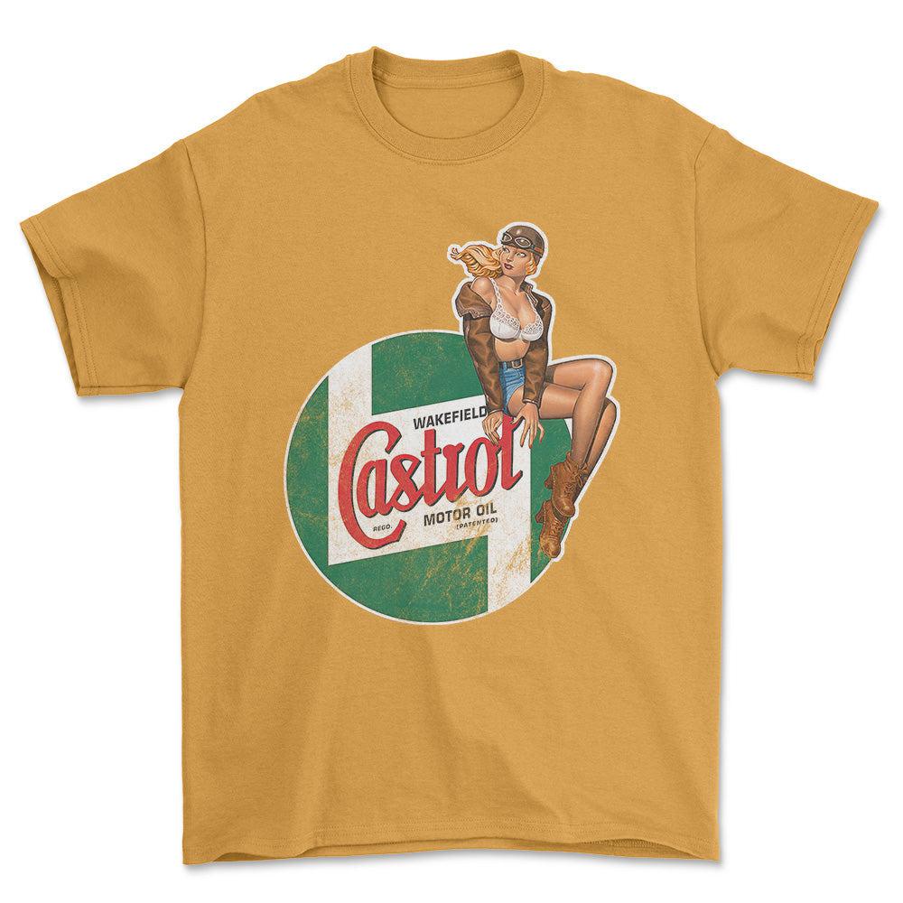 Castrol Pinup - Unisex T-Shirt , Bomuld-Beklædning-Motoroil-Guld-S-Forside-Garage Culture Shop- garage - man cave - merchandise