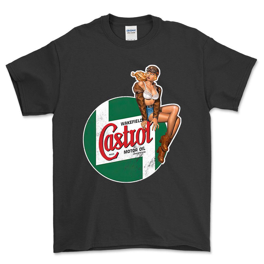Castrol Pinup - Unisex T-Shirt , Bomuld-Beklædning-Motoroil-Sort-S-Forside-Garage Culture Shop- garage - man cave - merchandise