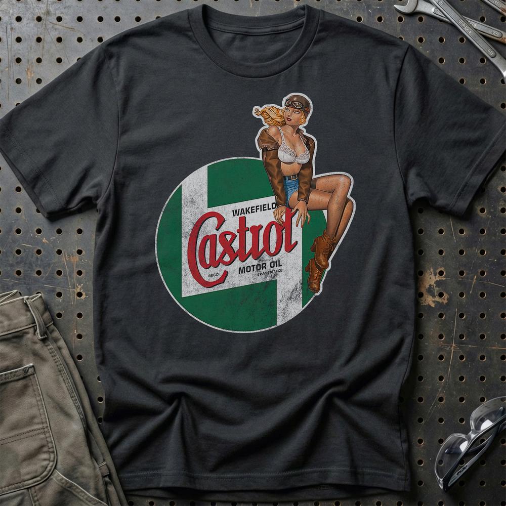 Castrol Pinup - Unisex T-Shirt , Bomuld-Beklædning-Motoroil-Sort-S-Garage Culture Shop- garage - man cave - merchandise