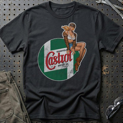 Castrol Pinup - Unisex T-Shirt , Bomuld-Beklædning-Motoroil-Sort-S-Garage Culture Shop- garage - man cave - merchandise