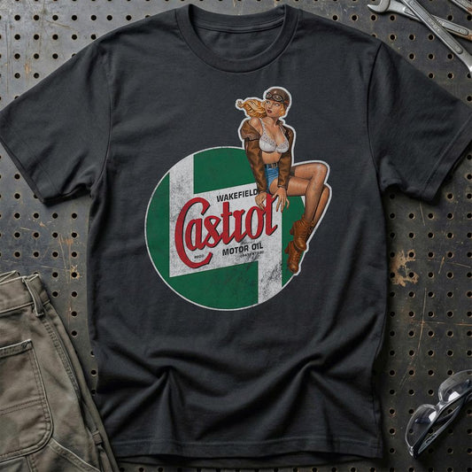 Castrol Pinup - Unisex T-Shirt , Bomuld-Beklædning-Motoroil-Sort-S-Garage Culture Shop- garage - man cave - merchandise