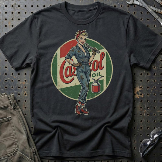 Castrol Pinup - Unisex T-Shirt , Bomuld-Beklædning-Motoroil-Sort-S-Garage Culture Shop- garage - man cave - merchandise