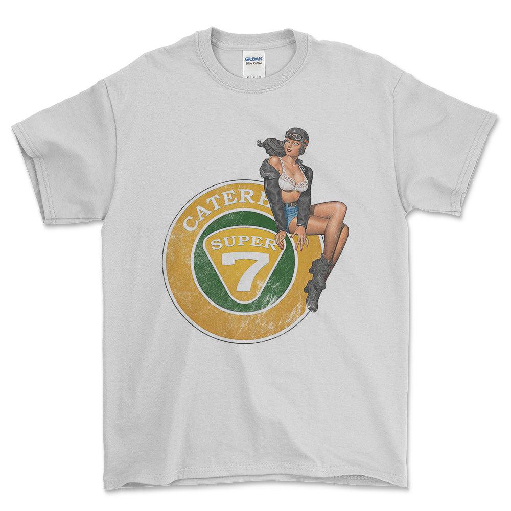 Caterham Super 7 Pinup - Unisex T-Shirt , Bomuld-Beklædning-Caterham-Hvid-S-Forside-Garage Culture Shop- garage - man cave - merchandise