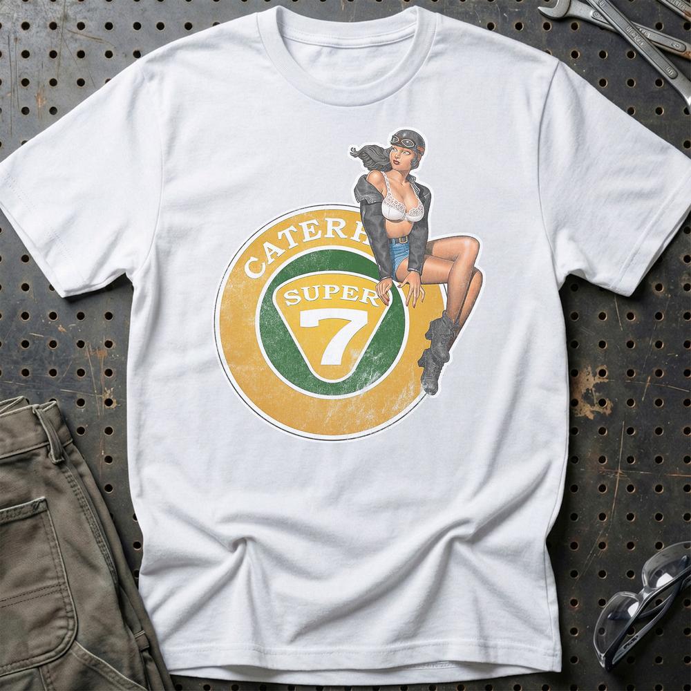 Caterham Super 7 Pinup - Unisex T-Shirt , Bomuld-Beklædning-Caterham-Hvid-S-Garage Culture Shop- garage - man cave - merchandise
