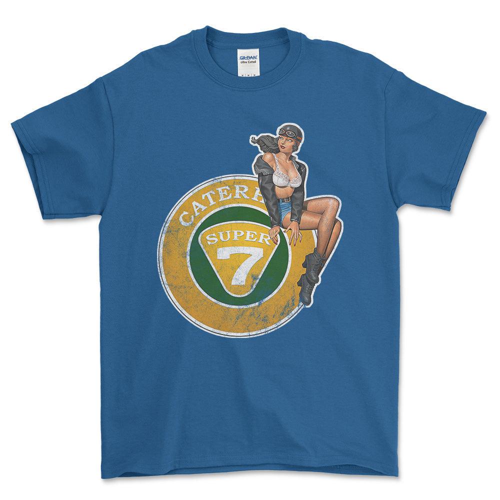 Caterham Super 7 Pinup - Unisex T-Shirt , Bomuld-Beklædning-Caterham-Blå Royal-S-Forside-Garage Culture Shop- garage - man cave - merchandise