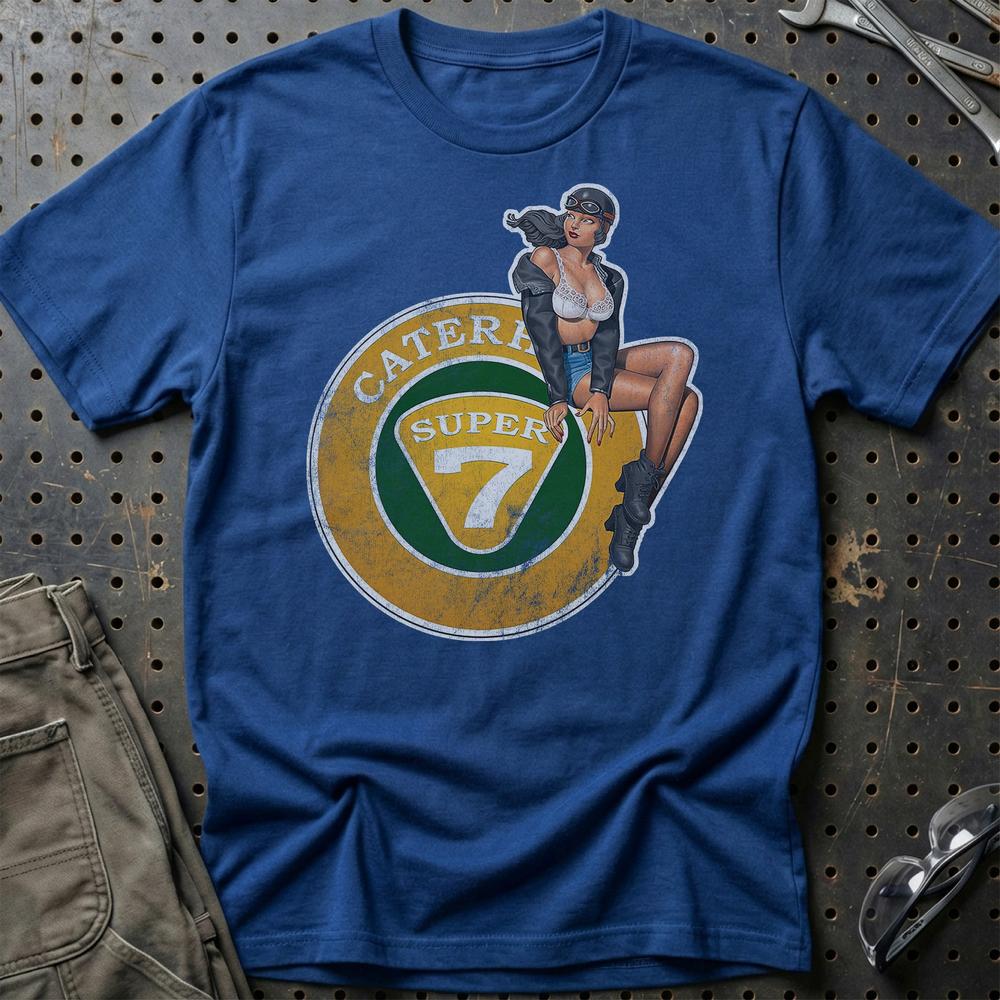 Caterham Super 7 Pinup - Unisex T-Shirt , Bomuld-Beklædning-Caterham-Blå Royal-S-Garage Culture Shop- garage - man cave - merchandise