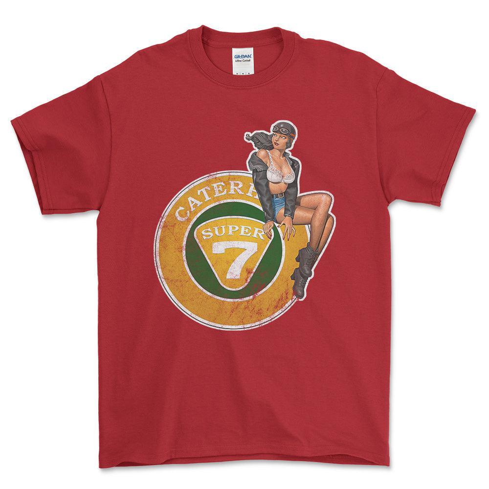 Caterham Super 7 Pinup - Unisex T-Shirt , Bomuld-Beklædning-Caterham-Rød-S-Forside-Garage Culture Shop- garage - man cave - merchandise