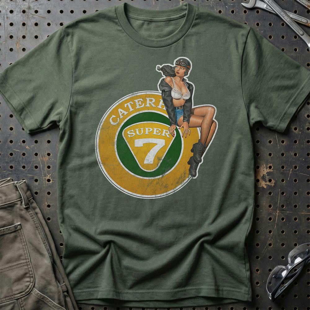 Caterham Super 7 Pinup - Unisex T-Shirt , Bomuld-Beklædning-Caterham-Grøn Militær-S-Garage Culture Shop- garage - man cave - merchandise