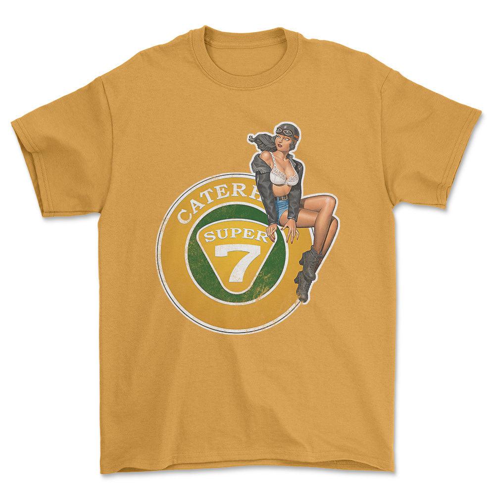 Caterham Super 7 Pinup - Unisex T-Shirt , Bomuld-Beklædning-Caterham-Guld-S-Forside-Garage Culture Shop- garage - man cave - merchandise