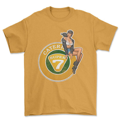 Caterham Super 7 Pinup - Unisex T-Shirt , Bomuld-Beklædning-Caterham-Guld-S-Forside-Garage Culture Shop- garage - man cave - merchandise