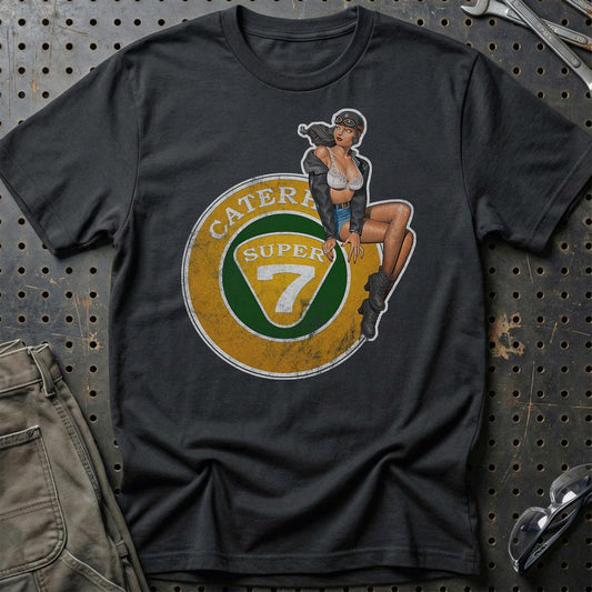 Caterham Super 7 Pinup - Unisex T-Shirt , Bomuld-Beklædning-Caterham-Sort-S-Garage Culture Shop- garage - man cave - merchandise