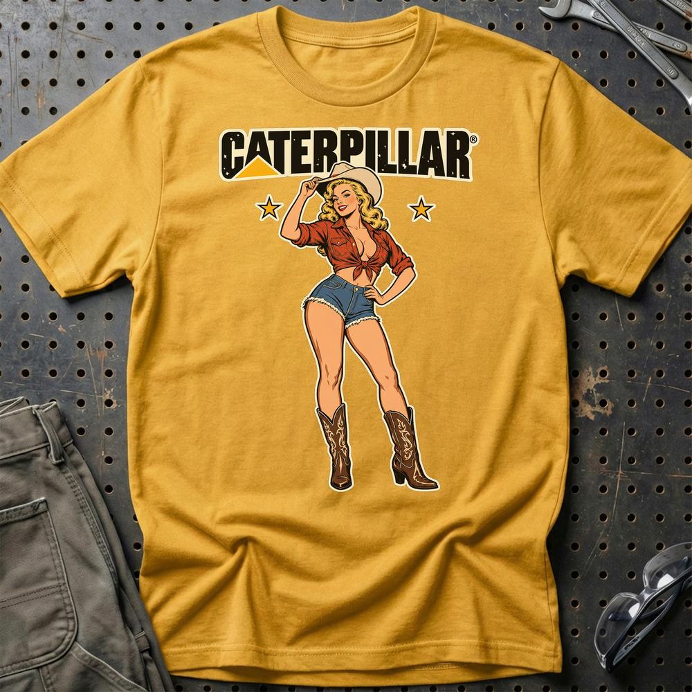 Caterpillar Cowboy Pinup T-Shirt-Beklædning-Caterpillar-Guld-S-Garage Culture Shop- garage - man cave - merchandise