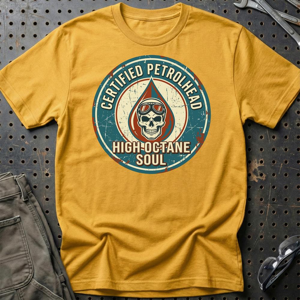 Certified Petrolhead High-Octane Soul - Unisex T-Shirt , Bomuld-Beklædning-Garage Culture-Guld-S-Garage Culture Shop- garage - man cave - merchandise